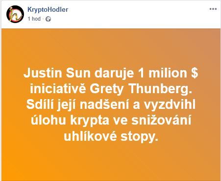 Facebookovinky 2 , Justin Sun, Tron, TRX, Greta, Greta Thunberg