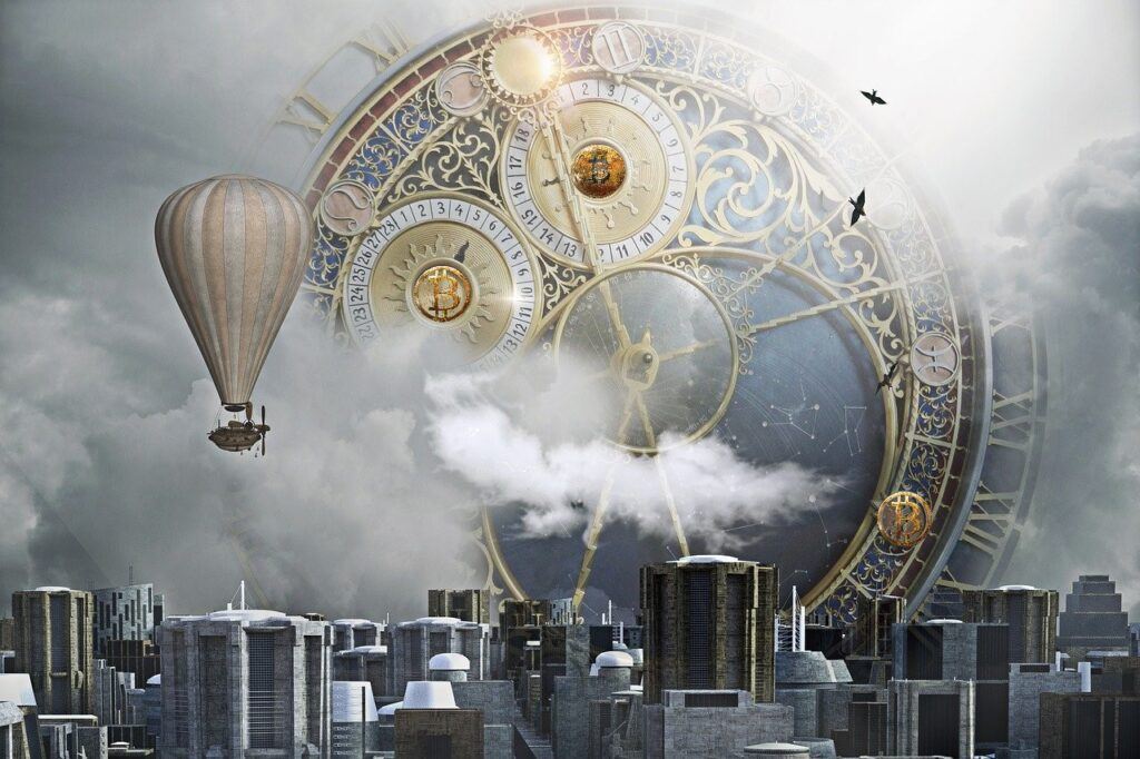 čas, btc, bitcoin, fantasy, hodiny, město, balón, time, korekce
