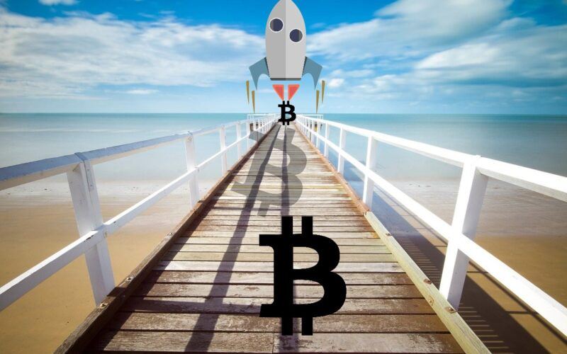 Bitcoin, raketa, geometrický, btc, moon, pláž, most, kapitalizace