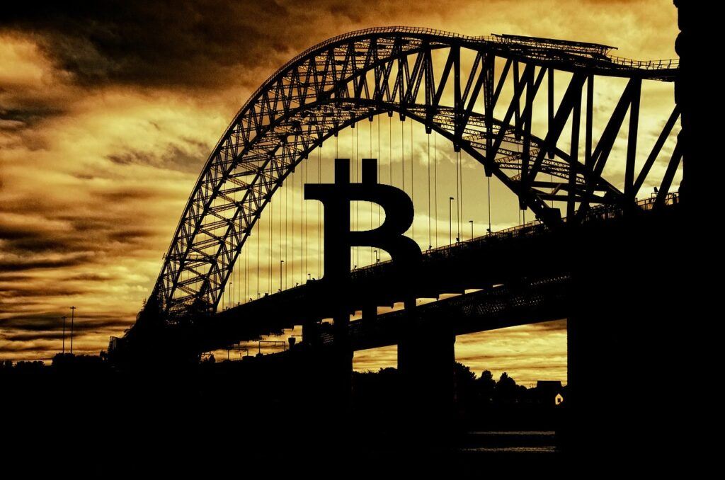 Bitcoin, architektura, most, pásmo, slunce, světlo, západ