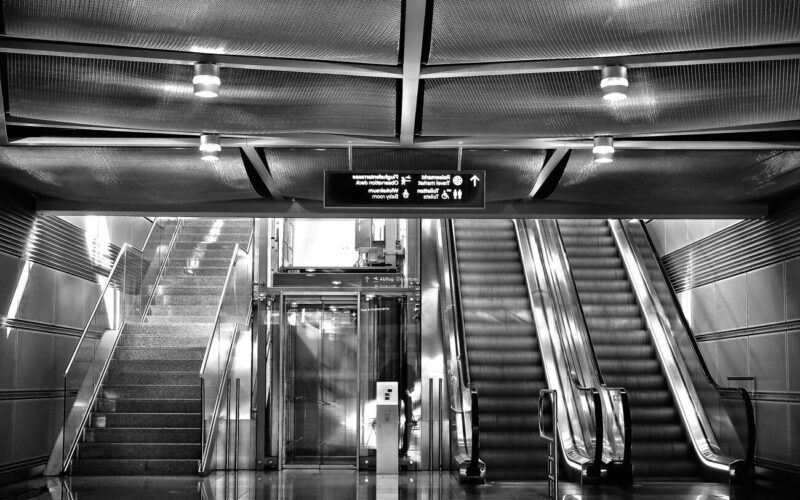 výtah, schody, přichází, šedý, architektura