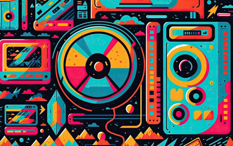 multimediální, technologie, retro, aplikace, program, digitální, přehrávač