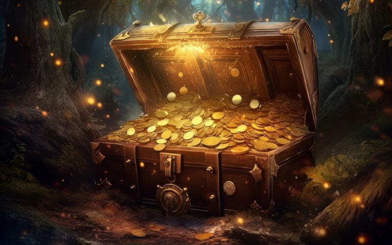 poklad, pokladnice, truhla, peníze, mince,