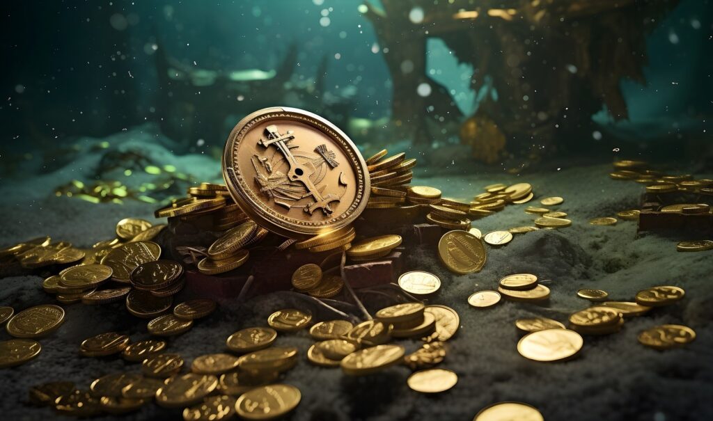 coin, mince, stablecoin, peníze, pod vodou, ke dnu, dno, mince, poklad