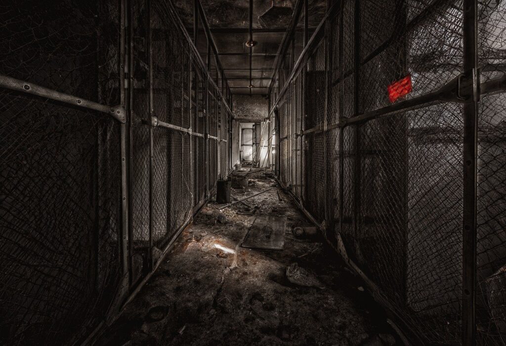 vězení, zločin, mříže, temný, klec, špinavý, horor