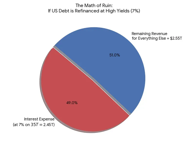Odhad toho, jak by vypadal roční rozpočet USA, pokud by výnosy dluhopisů vyskočily na 7 %. Zdroj: BitMEX