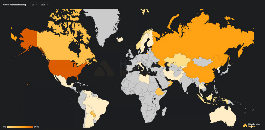 Mapa těžebního výkonu. Zdroj: hashrateindex.com