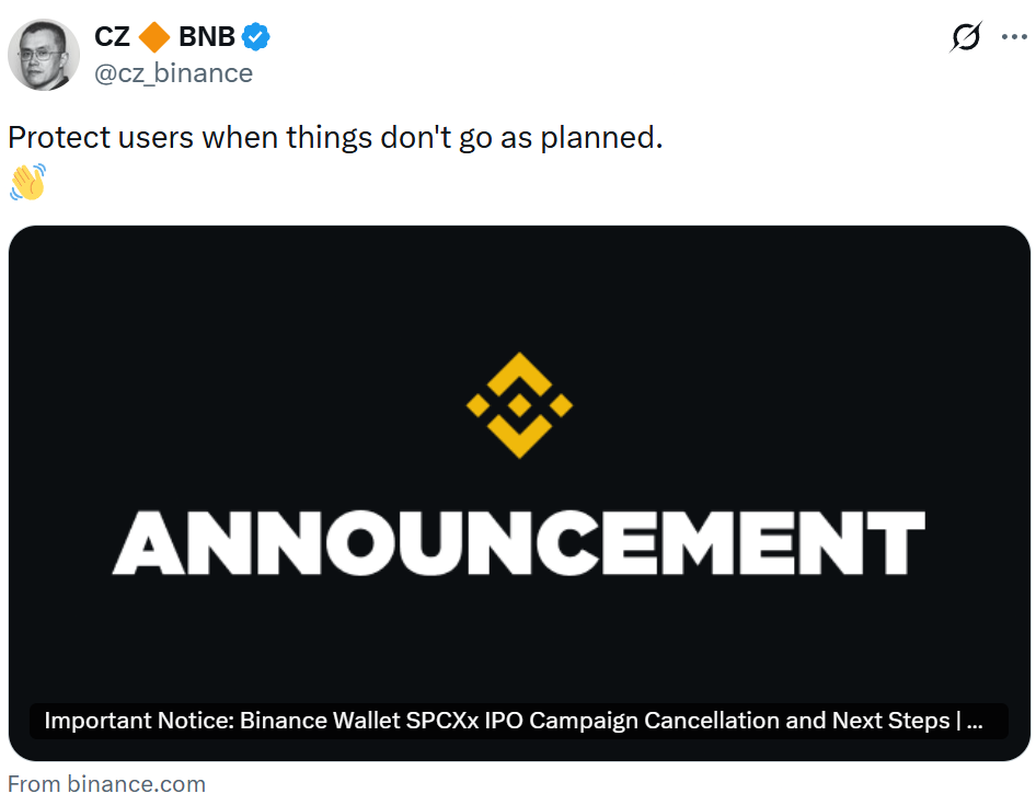 Zakladatel společnosti Binance oznámil vrácení prostředků na svém Twitteru. Zdroj: x.com