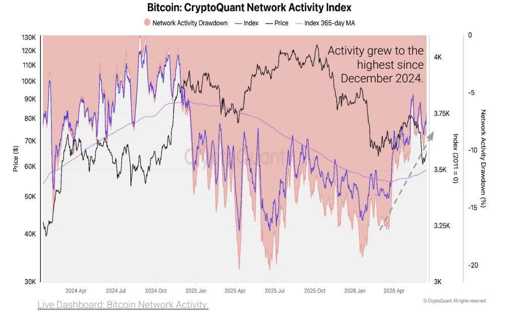 Aktivita bitcoinové sítě je o 7 % pod historickým maximem ze září 2024. Zdroj CryptoQuant