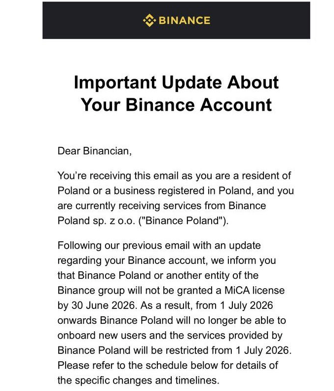 Uživatelům Binance chodí emaily ohledně pozastavení služeb. Zdroj: IT_Tech_PL